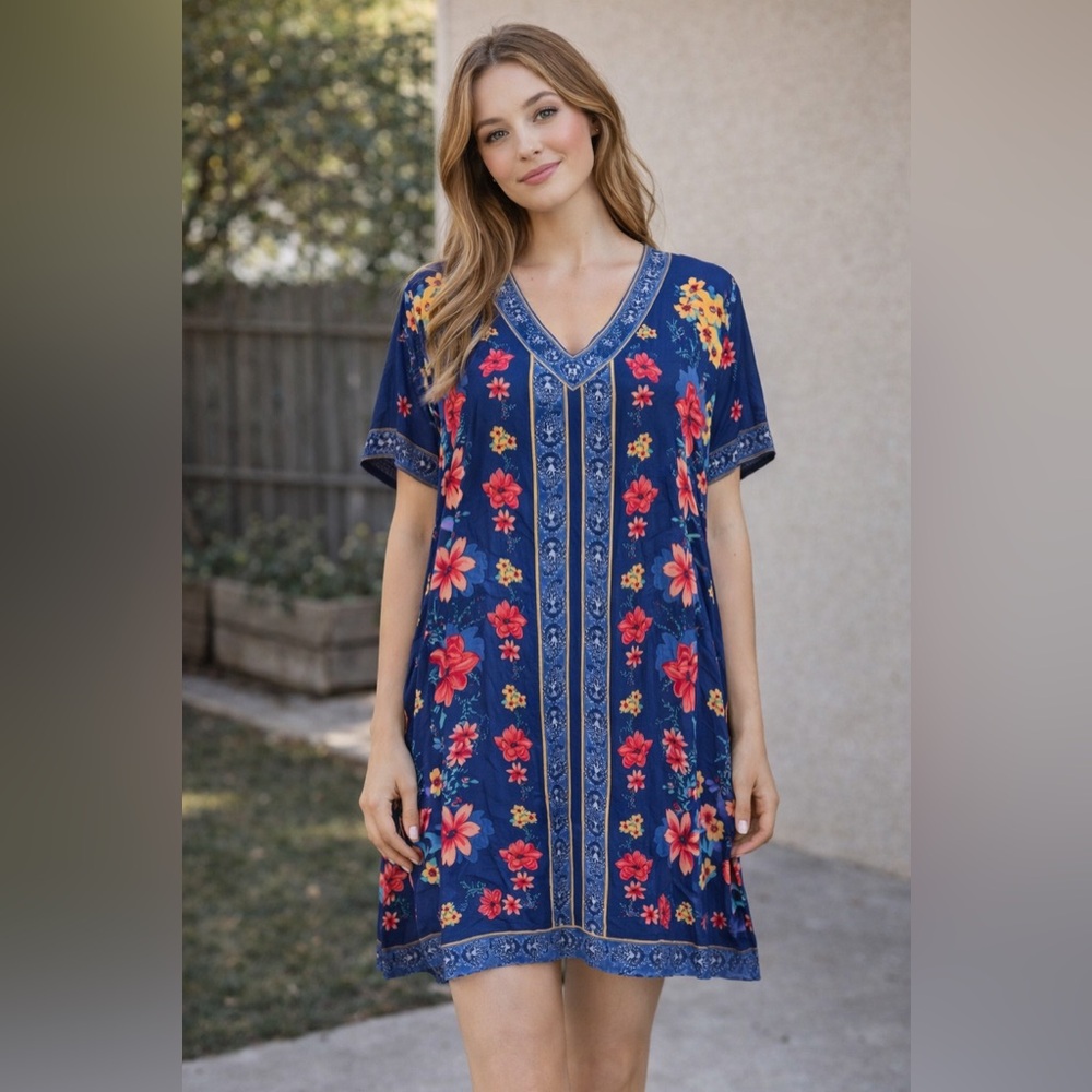 Boutique‎ Bohemian Tunic Dress in a Rich Sapphire Blue and soft blush tones